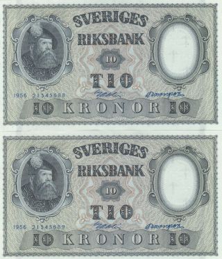 Sweden 10 Kronor 1956 - 2 With Consecutive Serial Numbers.  Unc