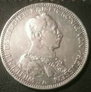 1914 - A German State Prussia 3 Mark,  Km 538 Silver Coin.