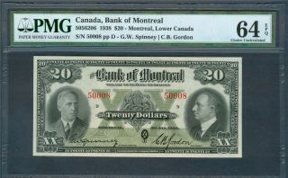 Bank Of Montreal $20,  Series 1938,  Pmg Choice Unc.  64 Epq