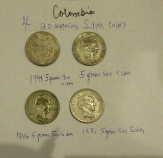 4 Bogota Colombia Silver Coins Each 20 Centavos 1941 1945 1946 1951