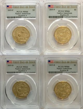 Pcgs Ms66 2019 P&d Native American Dollar 4 - Coin Set Pos A&b First Day Of Issue
