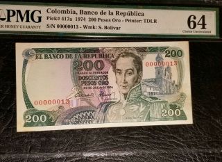 Low Serial Number: 13 - Colombia Pmg Unc64 Banco De La Republica Note 1974 200p