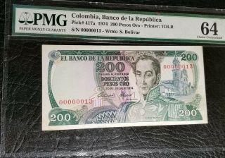 Low serial number: 13 - Colombia PMG UNC64 Banco de la Republica Note 1974 200P 6