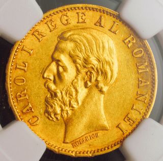 1883,  Kingdom Of Romania,  Carol I.  Certified Gold 20 Lei Coin.  Ngc Au - 58