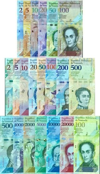 Venezuela Set 21 Unc 2 - 100,  000 Bol.  2 - 500 Soberanos 2007 - 2018 / 2019 P