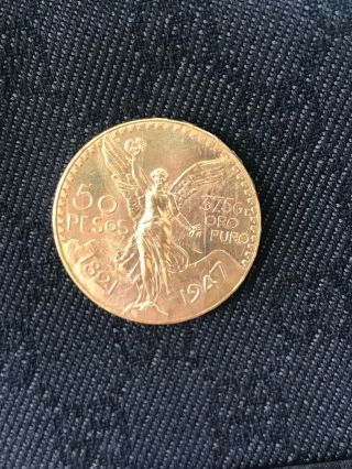 50 Pesos 1947 Mexican Gold Coin 37.  5g Oro Puro