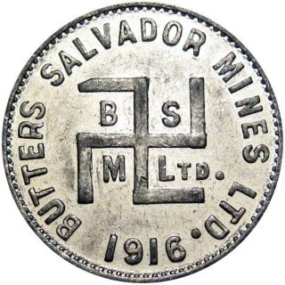 1916 El Salvador Good For Token Butters Mines Aluminum 1 Real Good Luck Swastika