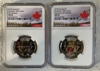 2018 Canada $2 Wwi Armistice Poppy Ngc Ms66 Toonie 2 - Coin Set Matching Cert