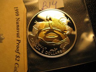 Canada 1999 $2 Coin Nunavut 24k Gold Plated Silver Proof Gem Id B17.