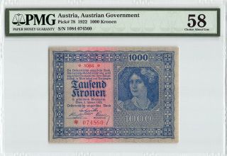 Austria 1922 P - 78 Pmg Choice About Unc 58 1000 Kronen