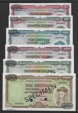 Portuguese India 1959 Pick 41 - 46 Set Of 6 30 - 1000 Escudos Specimens
