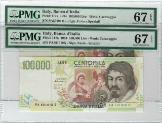 Italy,  1994 100,  000 Lire P - 117a Pmg 67 Epq ( (2x Consecutive Notes))