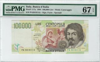 Italy,  1994 100,  000 Lire P - 117a PMG 67 EPQ ( (2X Consecutive notes)) 3