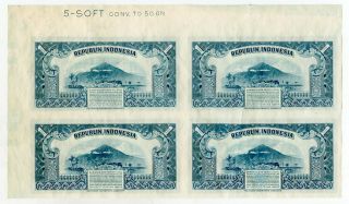Republik Indonesia.  1953 Issue Uncut Specimen Corner Block of 4 notes.  P - 40 SBNC 2