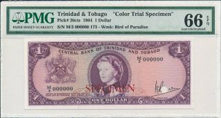 Central Bank Trinidad & Tobago $1 1964 Color Trial Specimen Pmg 66epq