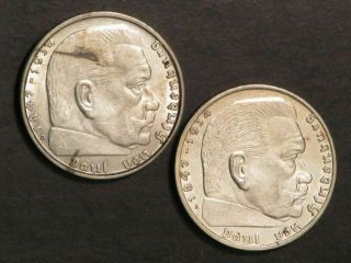 Germany 1938b - 1939a 2 Reichsmark Hindenburg Silver - 2 Coins Au - Unc