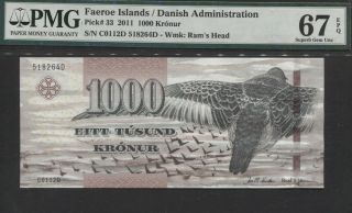 Tt Pk 33 2011 Faeroe Islands / Danish Admin 1000 Kronur Pmg 67 Epq Gem