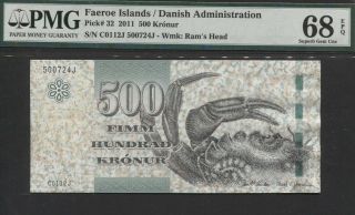 Tt Pk 32 2011 Faeroe Islands / Danish Admin 500 Kronur Pmg 68 Epq None Finer