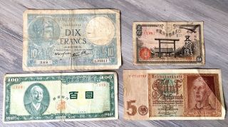 Vintage Paper Money Bills One Hundred Hwan Korea France Germany Reichsbanknote.