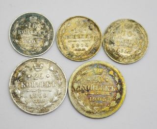 Russian Imperial Silver Coins 10 & 20 Kopek.  Nikolas Ii Time 1895 - 1917