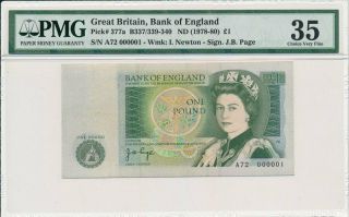 Bank Of England Great Britain 1 Pound Nd (1978 - 80) Prefix A Solid 1 Pmg 35