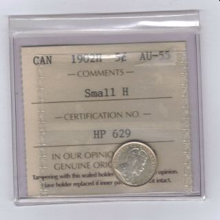 1902h " Small H " Canadian 5 Cents Silver - Iccs Au55 No Sales Tax