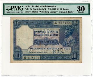 British India 10 Rupees Nd (1917 - 30) P - 7b Jr 3.  7.  2 Kgv J/84 648196 Pmg Vf 30