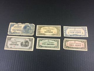 Wwii Japanese Japan Invasion Money Notes Cent Half Gulden Centavo 50 Centavos