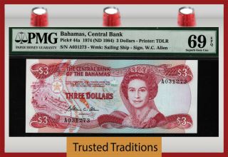 Tt Pk 44a 1974 Bahamas 3 Dollars Queen Elizabeth Ii Pmg 69 Epq Gem Unc.
