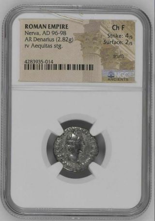 Ngc Roman Silver Denarius,  Emperor Nerva,  96 - 98 Ad,  Aequitas,  Graded " Ch Fine "