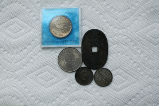 Japan Coins,  5 Total,  1850 - 1972,  50 Mon,  1/2sen,  100 Yen,  1 Silver