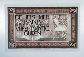 Netherlands.  De Jelsumer Bank,  Nd (ca.  1910 - 30) 25 Gulden P - Unl,  Essay Banknote