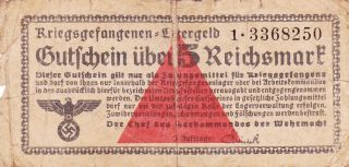 5 Reichsmark Vg German Concentration Camp Note From The Wehrmacht 1939