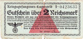 2 Reichsmark Vg German Concentration Camp Note From The Wehrmacht 1939