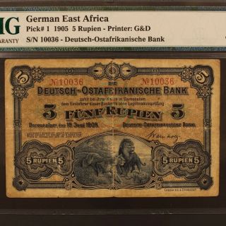 German East Africa 5 Rupien 15.  6.  1905 P 1 Banknote PMG 25 - Very Fine 3