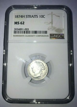 Straits Settlements - 10 Cents 1874,  Victoria,  Silver,  Ngc Ms 62
