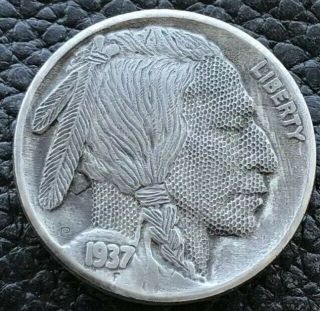1937 Hobo Buffalo Nickel Hand Carved American Indian Coin By Gediminas Palsis