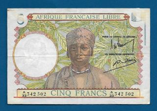 Ww2 French Equatorial Africa 5 Francs Nd - 1941 P - 6 France Administration