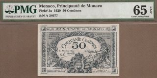 Monaco: 50 Centimes Banknote,  (unc Pmg65),  P - 3a,  20.  03.  1920,