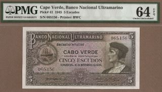 Cape Verde: 5 Escudos Banknote,  (unc Pmg64),  P - 41,  16.  11.  1945,