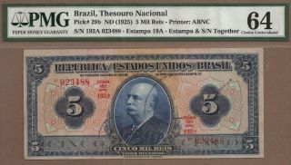 Brazil: 5 Mil Reis Banknote,  (unc Pmg64),  P - 29b,  1925,