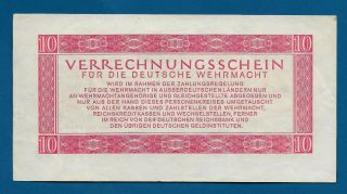Nazi Germany Wehrmacht Clearing Note 10 Reichsmark 1944 M - 40 WW2 Era MPC 2