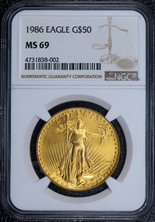 1986 $50 American Gold Eagle 1 Oz Fine Gold Ngc Ms69 Mcmlxxxvi