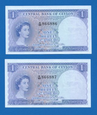 Two Consecutive Ceylon Sri Lanka 1 Rupee Queen Elizabeth Ii 16.  10.  1954 - Unc