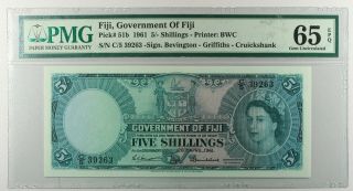 (do) Fiji Islands:p - 51b,  5 Shillings,  1961 Queen Elizabeth Ii Pmg 65 Epq