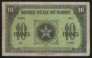 Morocco (p25a) 10 Francs 1943 Avf/vf