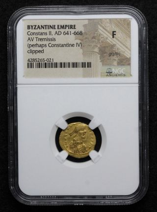 Constans II Gold Tremissis,  AD 641 - 668,  NGC F 2