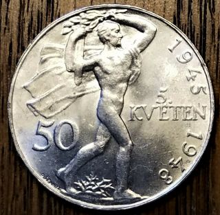 Czechoslovakia 1948 50 Korun Unc Silver Coin - Commemorating The Prague Uprising