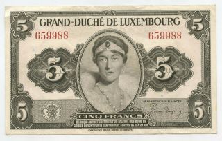 1944 Grand Duche De Luxembourg Currency Note - Cinq 5 Francs - Paper Money Bd15