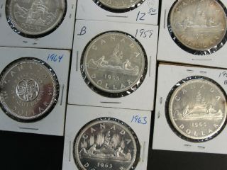 Set Of Canadian Silver Dollar Coins Canada 1957 - 1960 & 1963 - 1965